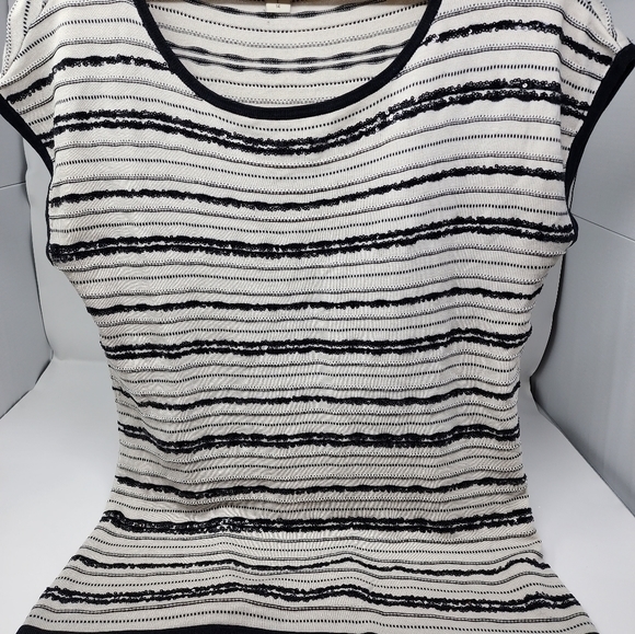 Coldwater Creek Size Large Black White Sequin Silk Blend‎ Short Sleeve Shirt - Picture 2 of 11